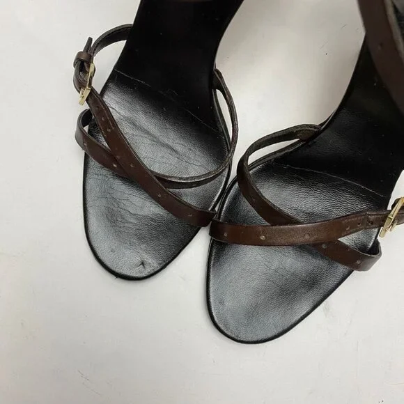 GUCCI Logo Horsebit Equestrian Chocolate Leather /Suede Strappy Heels Size 38 - Picture 3 of 10